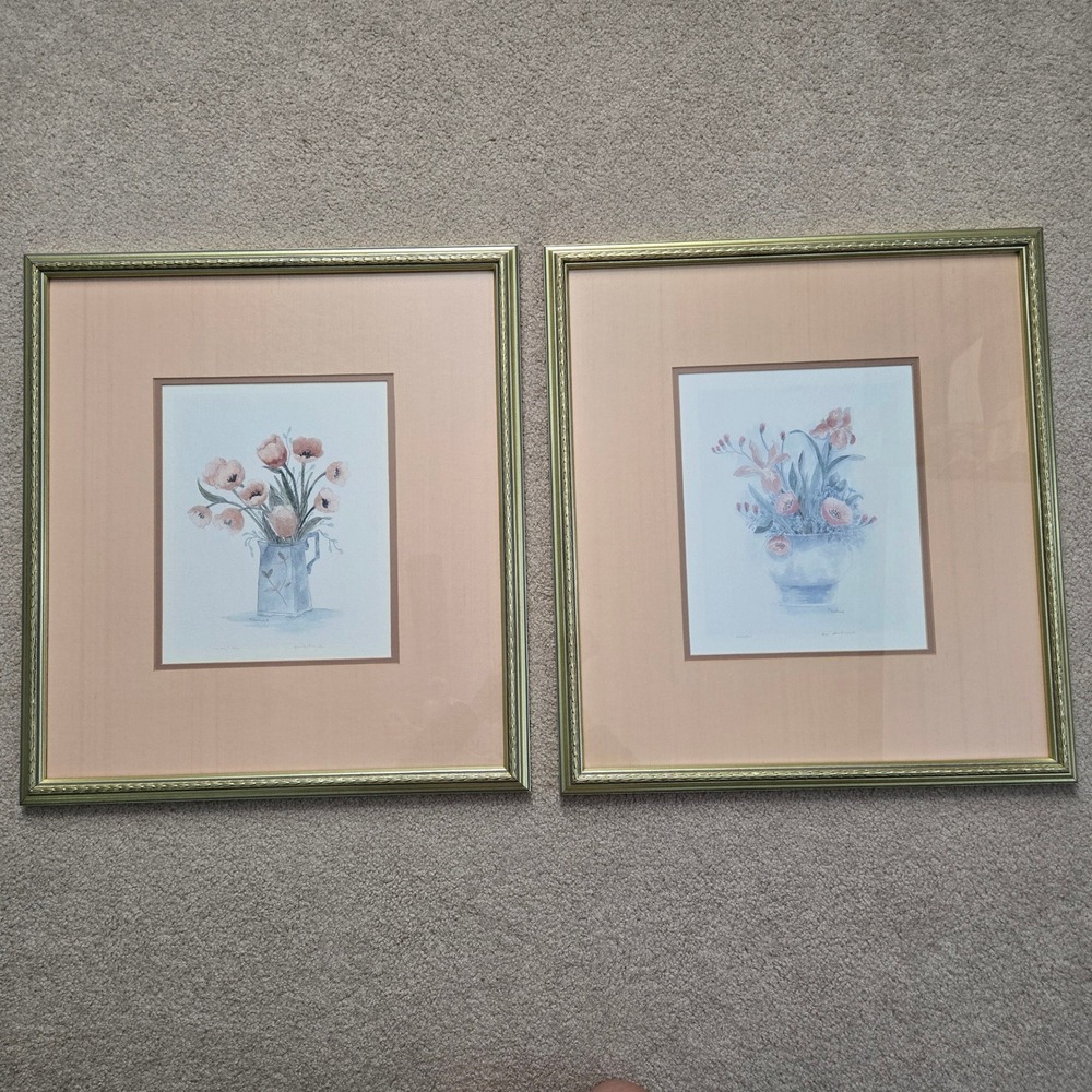Pair of Signed Mary Bertrand Floral Lithograph Prints Framed Numbered Set of 2